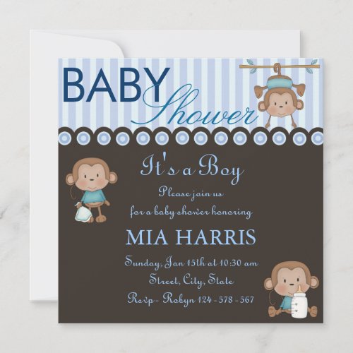 Blue Monkey Design Baby Shower Invitation
