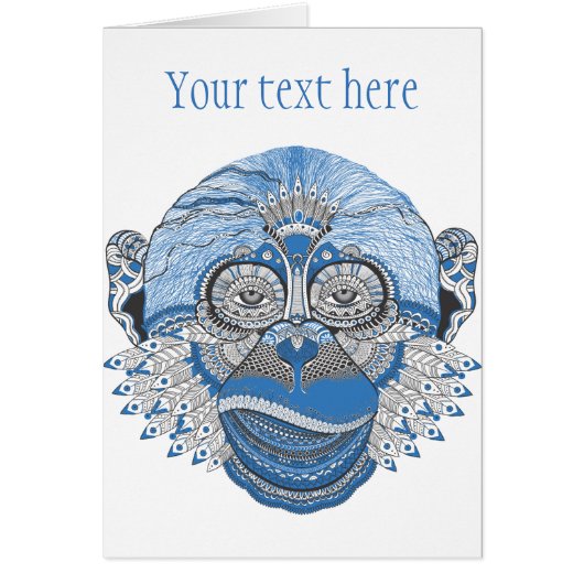 Blue Monkey Face with Pattern and Feathers Cards (Front)