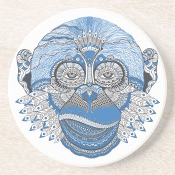 Blue Monkey Face With Pattern And Feathers Drink Coaster by Tissling at Zazzle