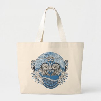 Blue Monkey Face With Pattern And Feathers Large Tote Bag by Tissling at Zazzle