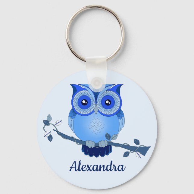 Blue Monochromatic Cartoon Owl Keychain (Front)