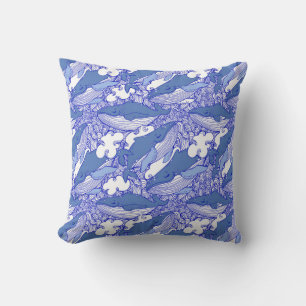 Blue Monochromatic Humpback Whale Throw Pillow