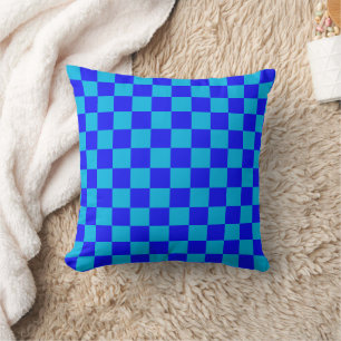 Blue Monochrome Checkerboard Pattern Throw Pillow