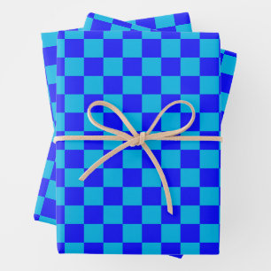 Blue Monochrome Checkerboard Pattern Wrapping Paper Sheets
