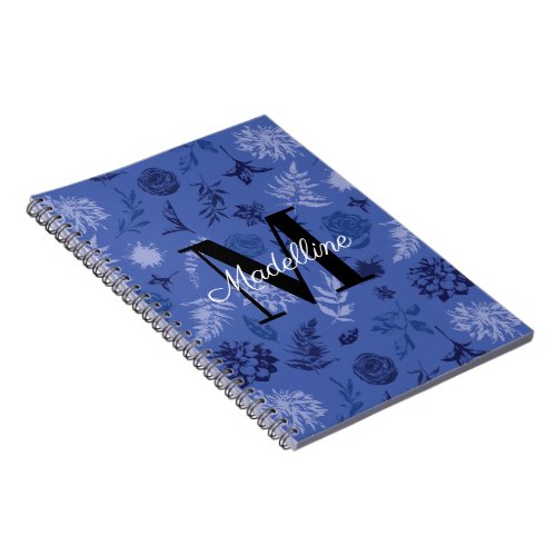 Blue Monochrome Floral Print Pattern Monogram Name Notebook