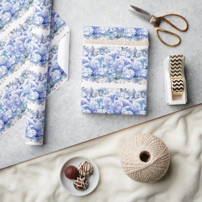 Blue Monochrome Flowers Wrapping Paper (Crafts)