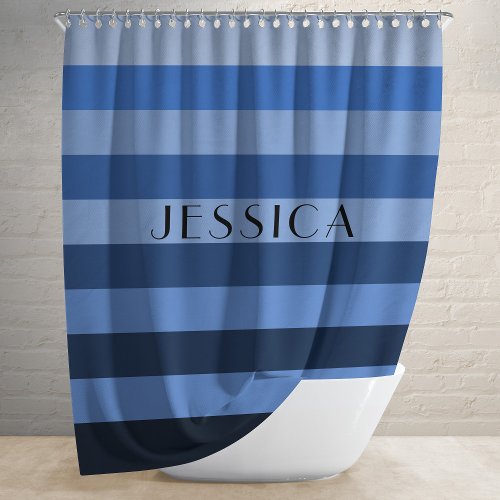 Blue Monochrome Striped Pattern Personalized Name Shower Curtain
