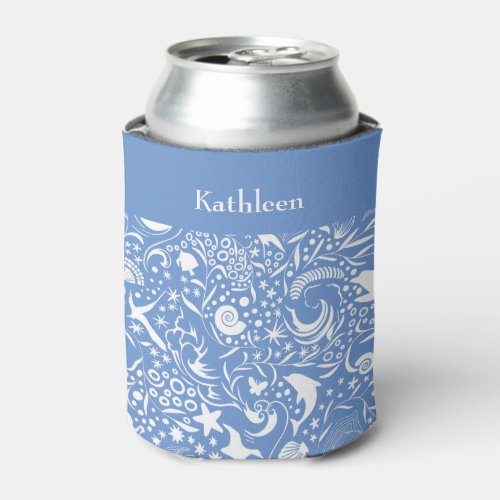 Blue Monogram Add Your Name Ocean Pattern Can Cooler