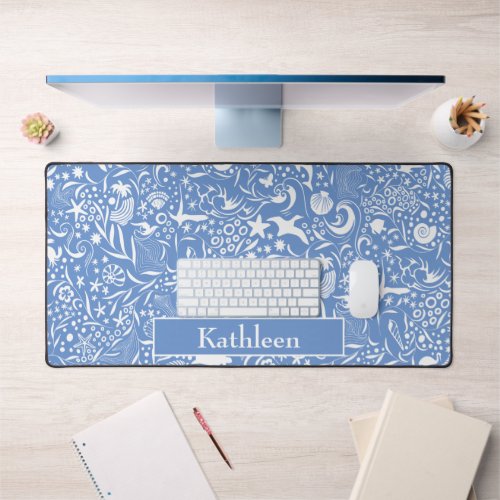 Blue Monogram Add Your Name Ocean Pattern Desk Mat