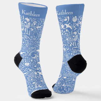 Blue Monogram Add Your Name Ocean Pattern Socks