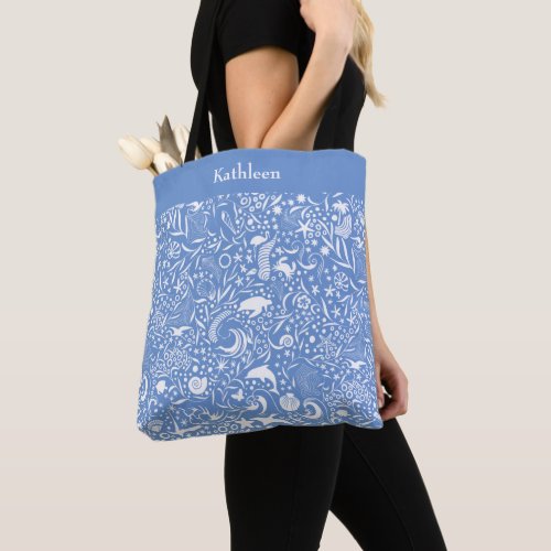Blue Monogram Add Your Name Ocean Pattern Tote Bag
