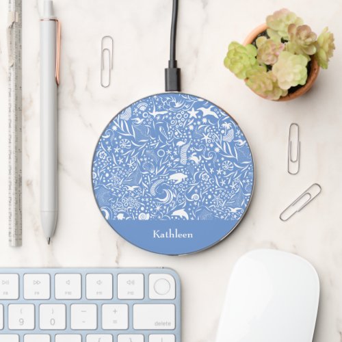 Blue Monogram Add Your Name Ocean Pattern Wireless Charger