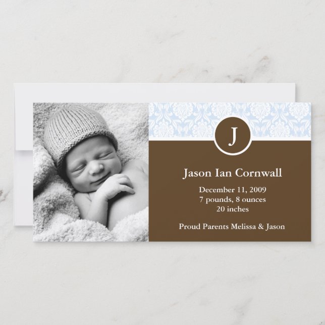 Blue Monogram and Damask Baby Announcements (Front)