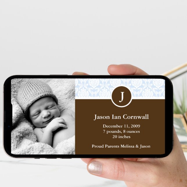 Blue Monogram and Damask Baby Announcements (Front Digital)