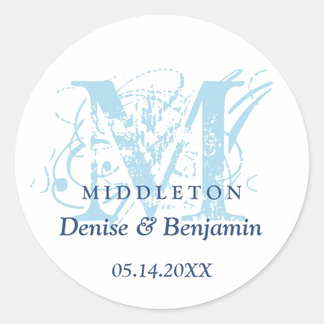 Blue monogram antique chic label wedding favor (Front)