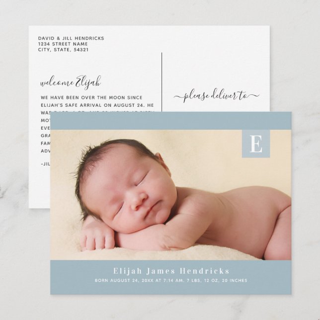 Blue Monogram Baby Boy Photo Birth Announcement Postcard (Front/Back)