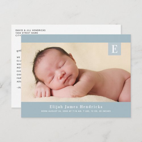 Blue Monogram Baby Boy Photo Birth Announcement Postcard