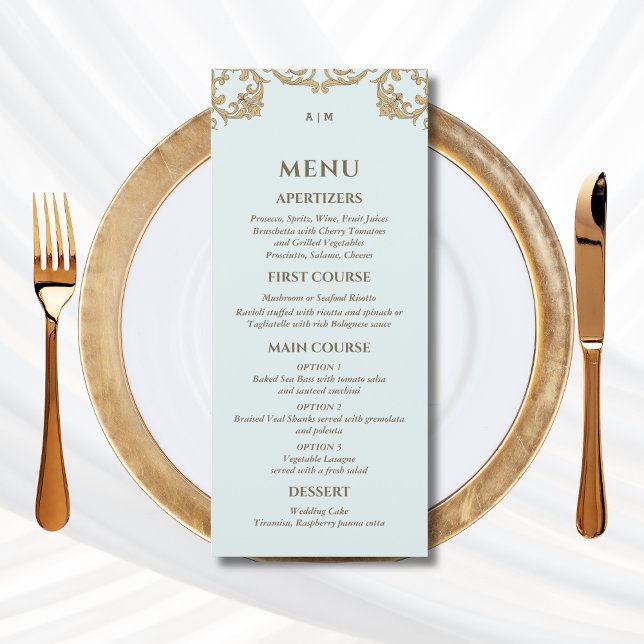 Blue Monogram Baroque Christian Wedding Menu (Creator Uploaded)