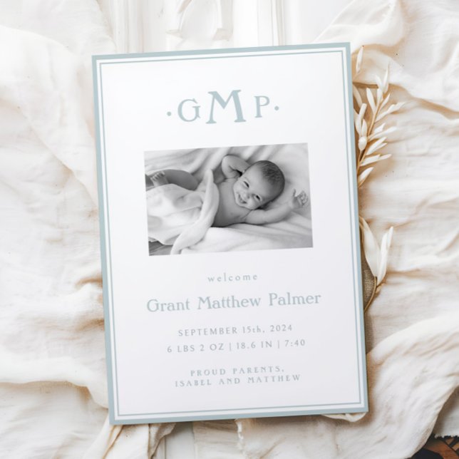 Blue Monogram Boy Baby Announcement  (Creator Uploaded)