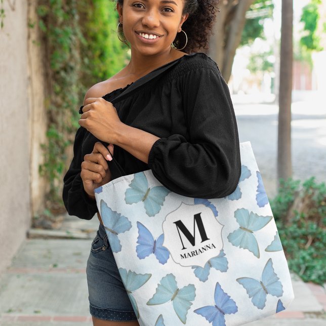 Blue Monogram Butterflies Personalized  Tote Bag (Creator Uploaded)