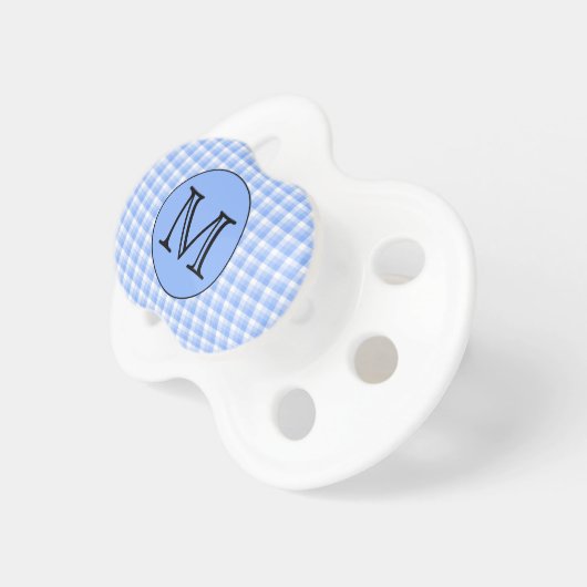 Blue Monogram Check Pattern. Custom Letter. Pacifier (Front Right)