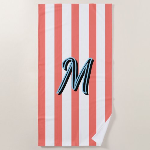 Blue Monogram Coral White Summer Stripes Beach Towel
