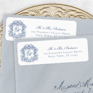 Blue Monogram Crest Elegant Wedding Return Address Label