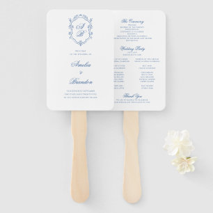 Blue Monogram Crest Formal Script Wedding Program Hand Fan