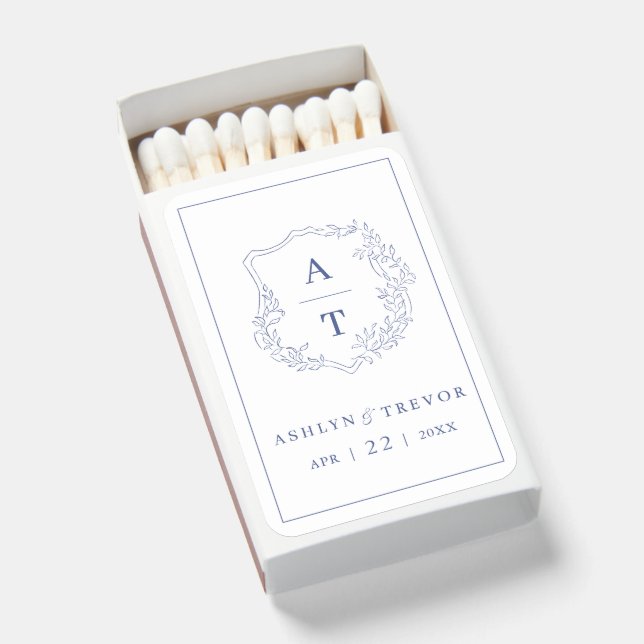 Blue Monogram Crest Wedding Matchboxes (Front Open)