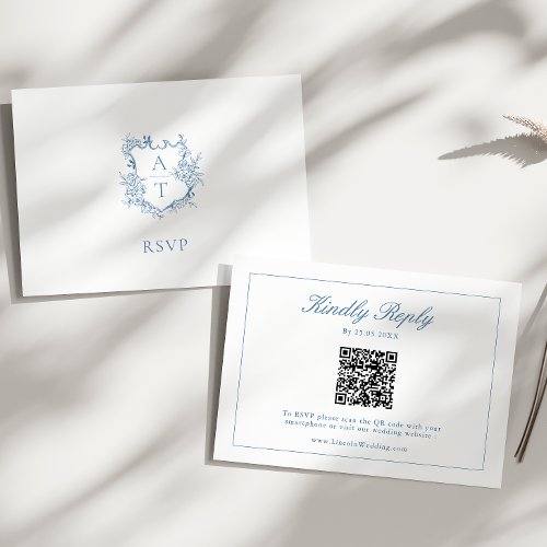 Blue Monogram Crest Wedding QR Code RSVP Enclosure Card
