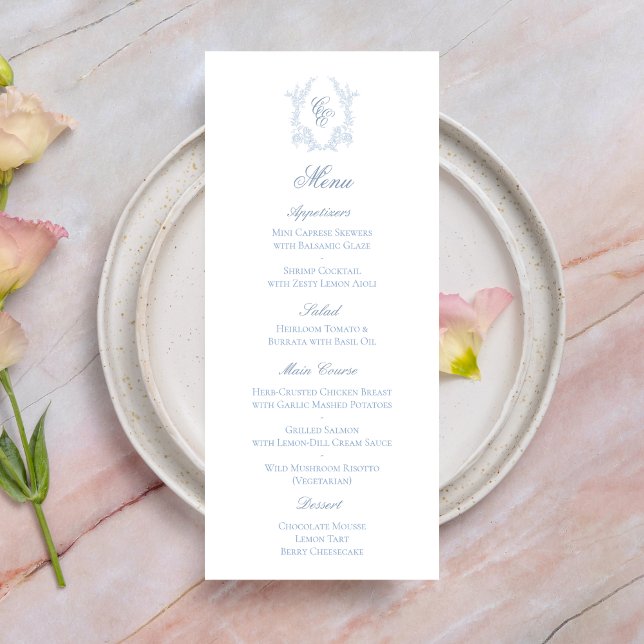 Blue Monogram Crest Wedding Reception Menu Card (Creator Uploaded)