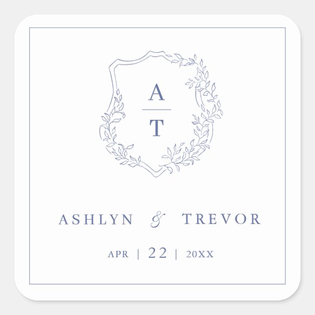 Blue Monogram Crest Wedding Square Sticker (Front)