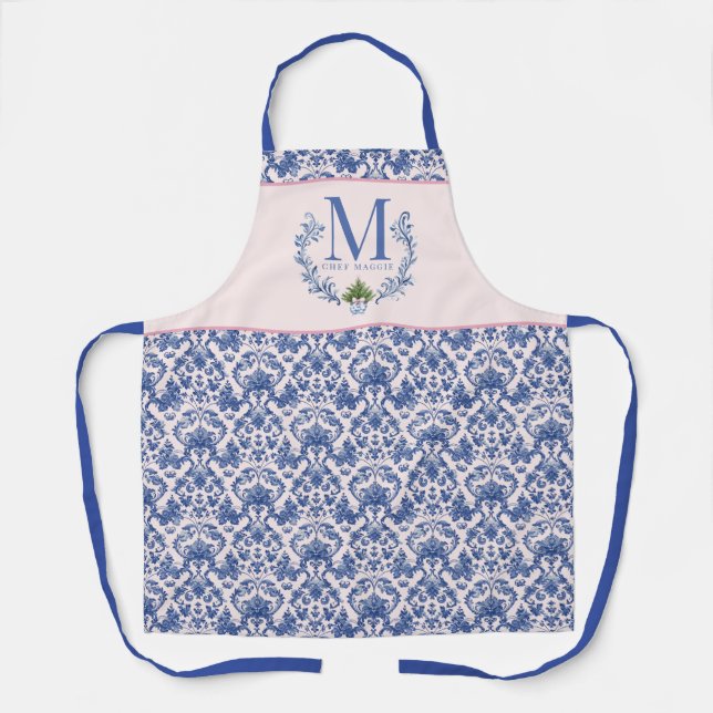 Blue Monogram Crest with Christmas Tree  Apron (Front)