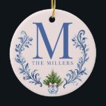 Blue Monogram Crest with Christmas Tree  Ceramic Ornament<br><div class="desc">This Christmas design has a preppy grandmillennial design featuring a navy blue damask crest on a blush pink background. There is a place  to add your monogram initial and name.</div>