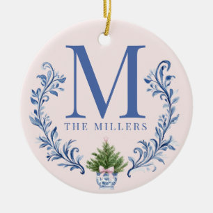 Blue Monogram Crest with Christmas Tree Ceramic Ornament