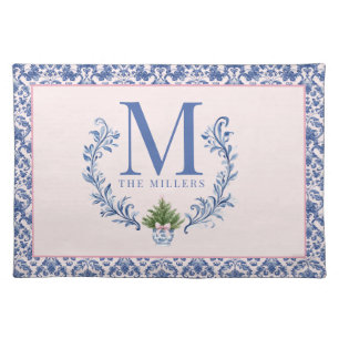 Blue Monogram Crest with Christmas Tree Cloth Placemat