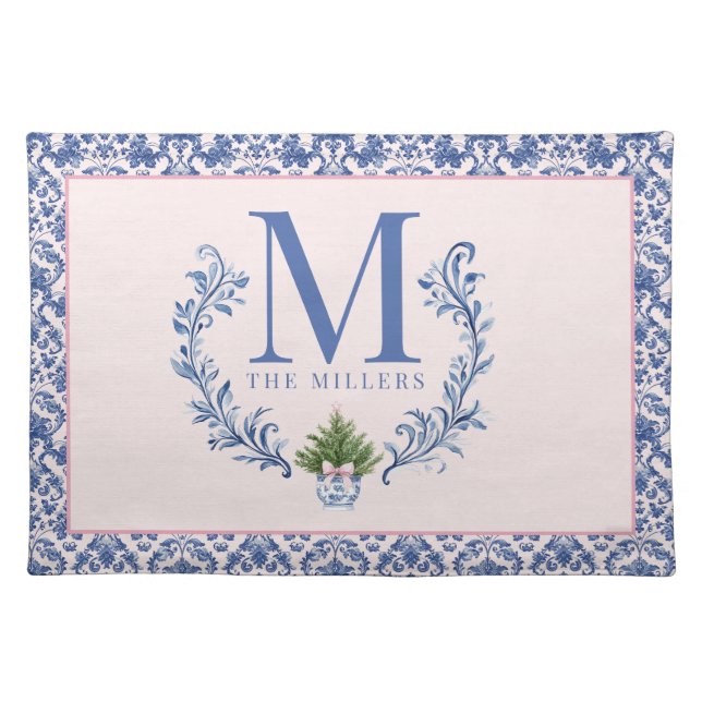 Blue Monogram Crest with Christmas Tree  Cloth Placemat (Front)