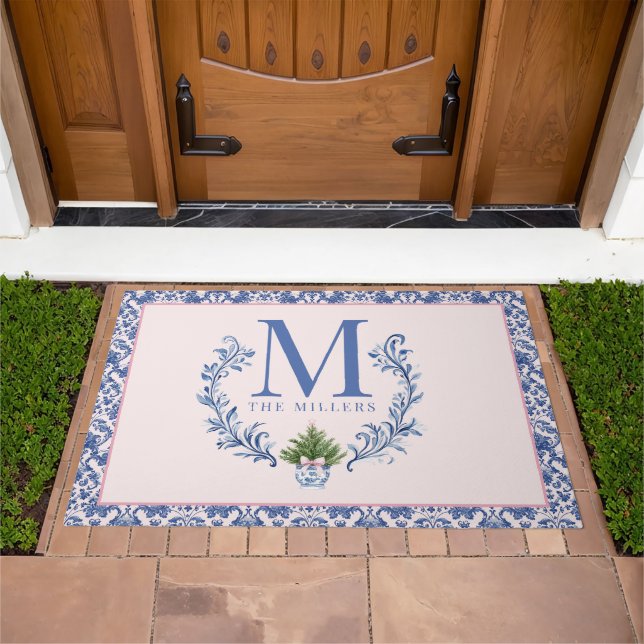 Blue Monogram Crest with Christmas Tree  Doormat (Outdoor)