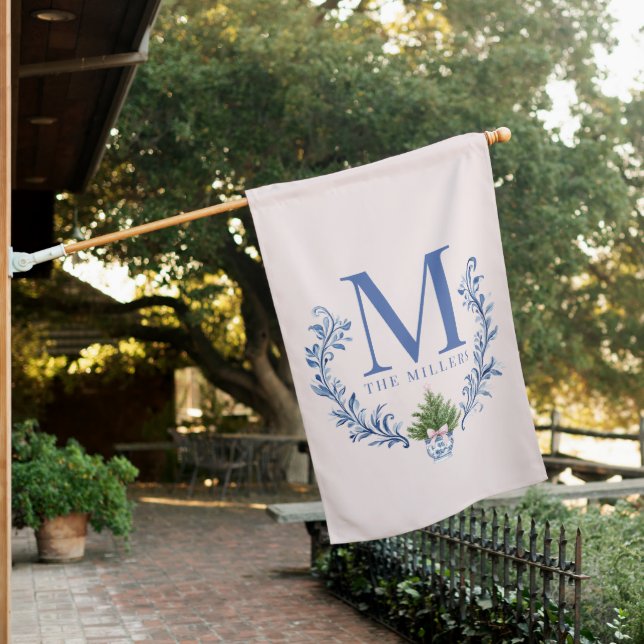 Blue Monogram Crest with Christmas Tree  House Flag (In SItu)