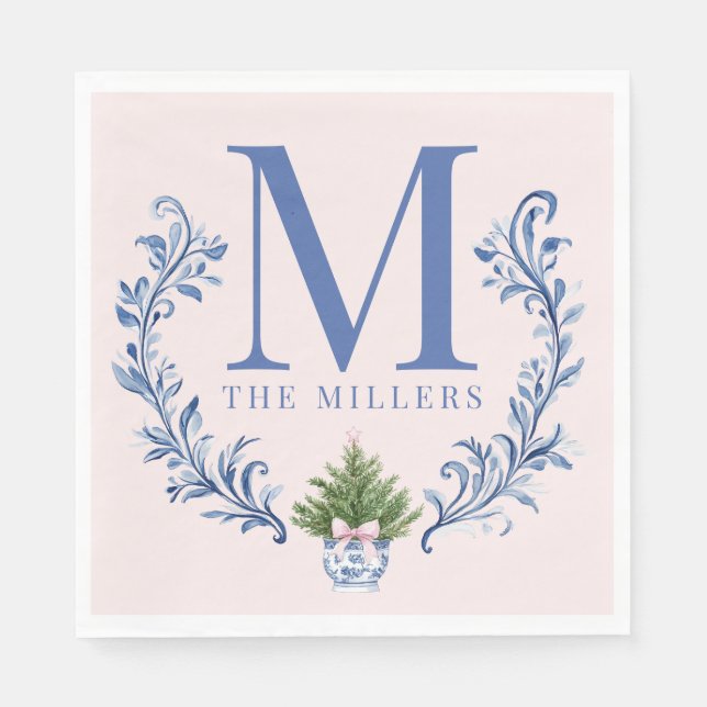 Blue Monogram Crest with Christmas Tree  Napkins (Front)