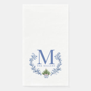 Blue Monogram Crest with Christmas Tree Paper Guest Towels