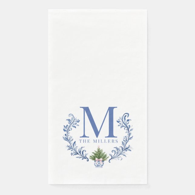 Blue Monogram Crest with Christmas Tree  Paper Guest Towels (Front)