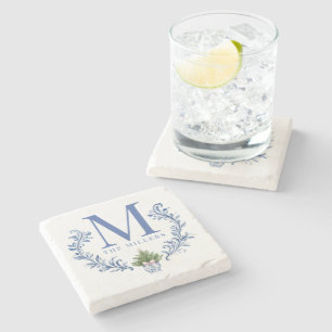Blue Monogram Crest with Christmas Tree  Stone Coaster