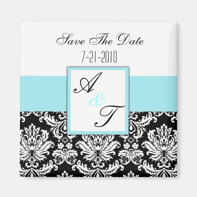 Blue Monogram Damask Wedding Magnet (Front)