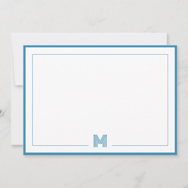 Blue Monogram Double Border Stationery Note Card (Front)