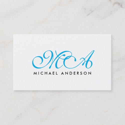 Blue Monogram Elegant Script Plain White Business Card
