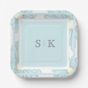 Blue Monogram Engagement Party Floral Paper Plates