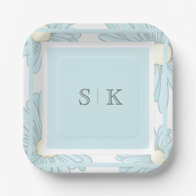 Blue Monogram Engagement Party Floral Paper Plates (Front)
