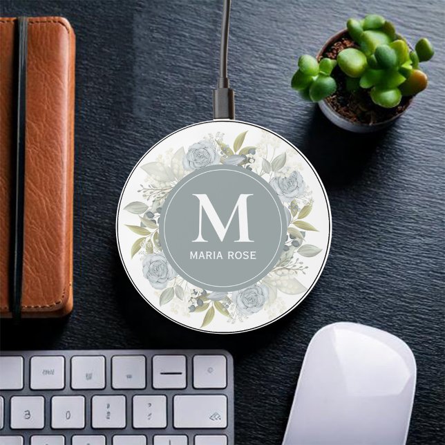 Blue Monogram Floral Personalized Wireless Charger (Dusty blue monogram and name floral phone charger. )