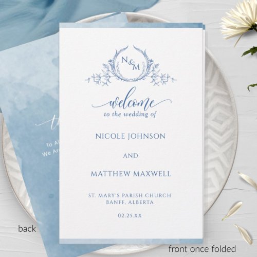 Blue Monogram Folded Wedding Ceremony Program